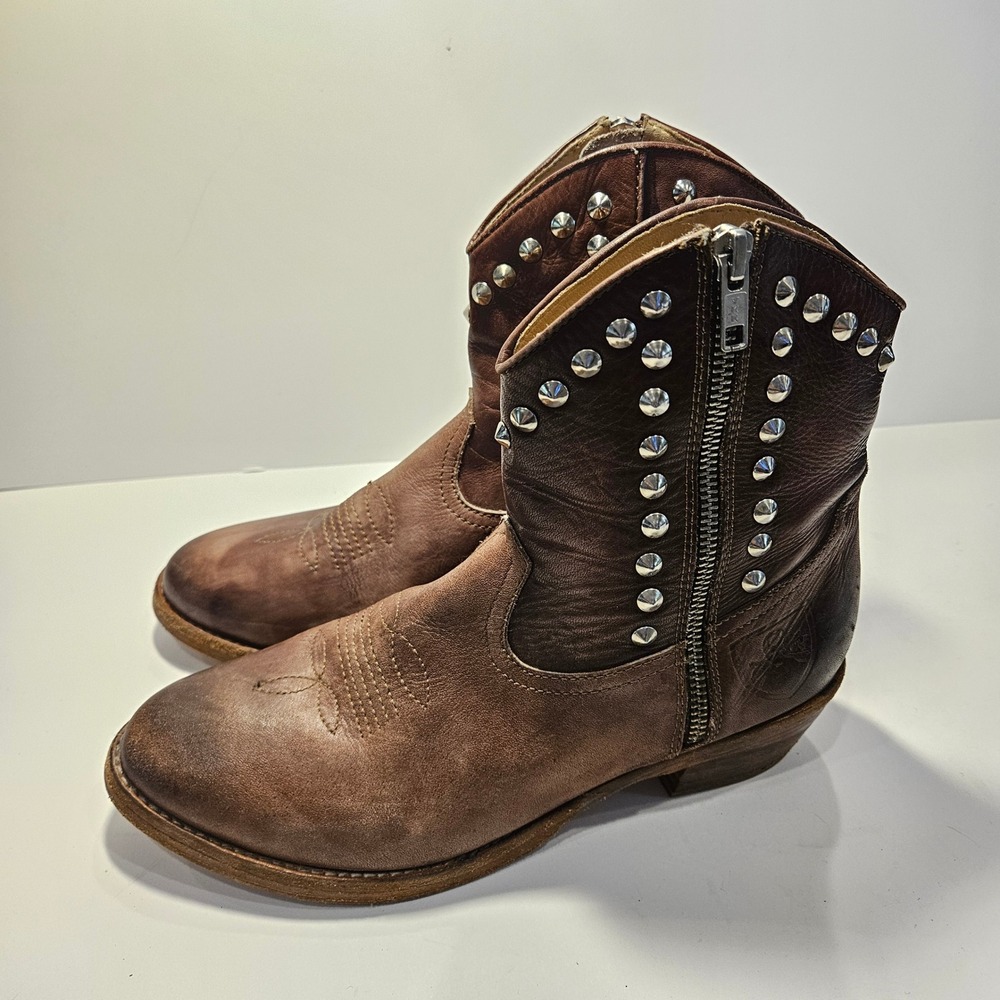 Mr Wolf Brown Leather Studded‎ Ankle Boots Western Skull Detail Size 39 Italy